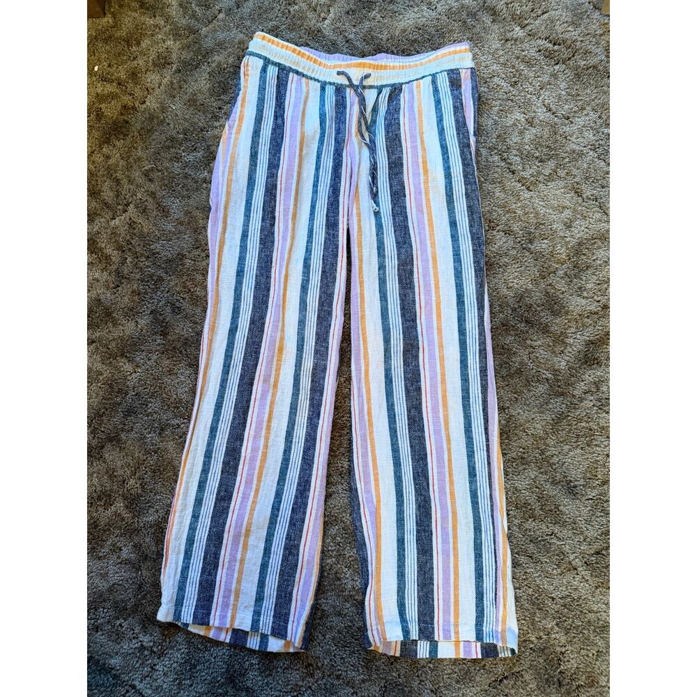 Old Navy Linen Blend Striped Straight Leg Pants Multi Color Drawstring Coastal